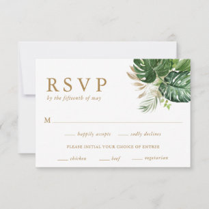 Greenery Gold Modern Tropical Wedding RSVP Kaartje