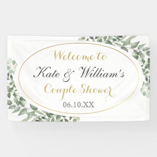 Greenery Gold Monogram Elegant Couples Shower Spandoek (Horizontaal)