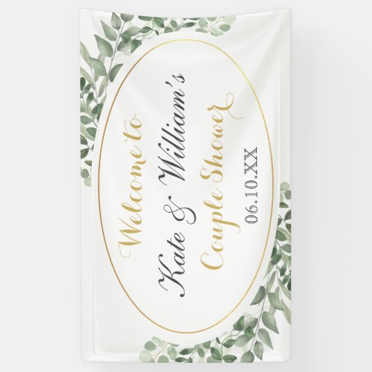 Greenery Gold Monogram Elegant Couples Shower Spandoek (Verticaal)