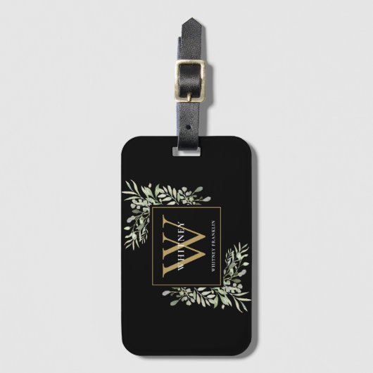 Greenery Gold Monogram Modern Zwart Bagagelabel (Voorkant (verticaal))