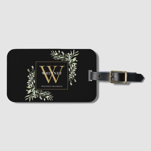Greenery Gold Monogram Modern Zwart Bagagelabel (Voorkant (horizontaal))