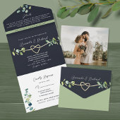 Greenery Gold Navy Wedding All In One Uitnodiging