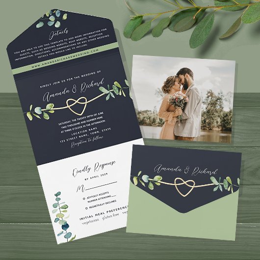 Greenery Gold Navy Wedding All In One Uitnodiging