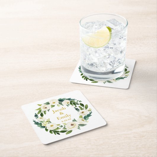 Greenery Gold Personalized Names Date Wedding Kartonnen Onderzetters (Insitu)