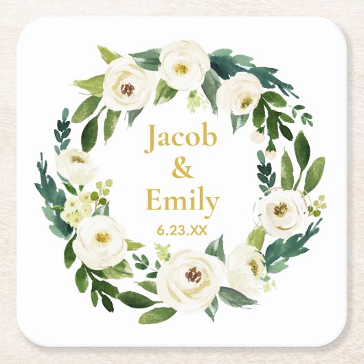 Greenery Gold Personalized Names Date Wedding Kartonnen Onderzetters (Voorkant)