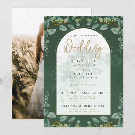Greenery Gold PHOTO Wedding Invite LeahG Kaart (Voorkant / Achterkant)