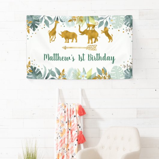 Greenery Gold Safari Animal Birthday Spandoek (Insitu)