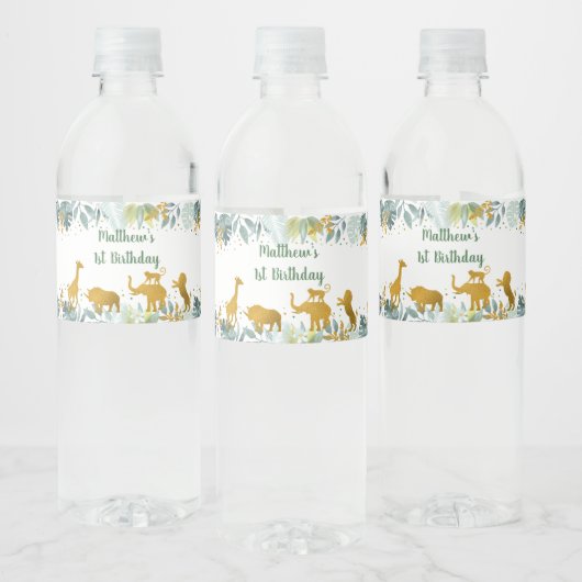 Greenery Gold Safari Animal Birthday Waterfles Etiket (Flessen)