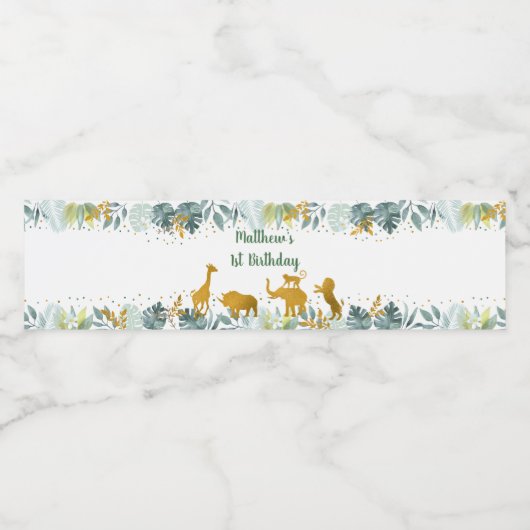 Greenery Gold Safari Animal Birthday Waterfles Etiket (Enkel label)