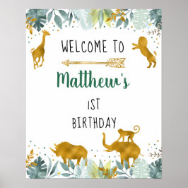 Greenery Gold Safari Animal Birthday Welkom Poster
