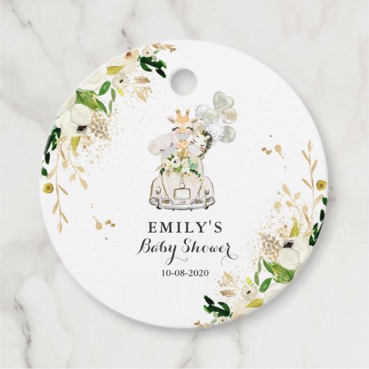 Greenery Gold Safari-dieren rijden op Baby shower Bedankjes Labels (Voorkant)