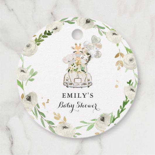 Greenery Gold Safari-dieren rijden op Baby shower Bedankjes Labels (Achterkant)