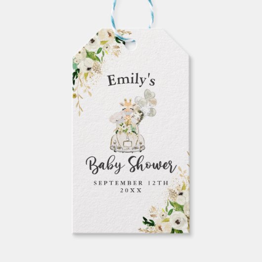 Greenery Gold Safari-dieren rijden op Baby shower Cadeaulabel (Voorkant)