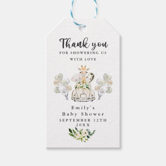 Greenery Gold Safari-dieren rijden op Baby shower Cadeaulabel (Voorkant)