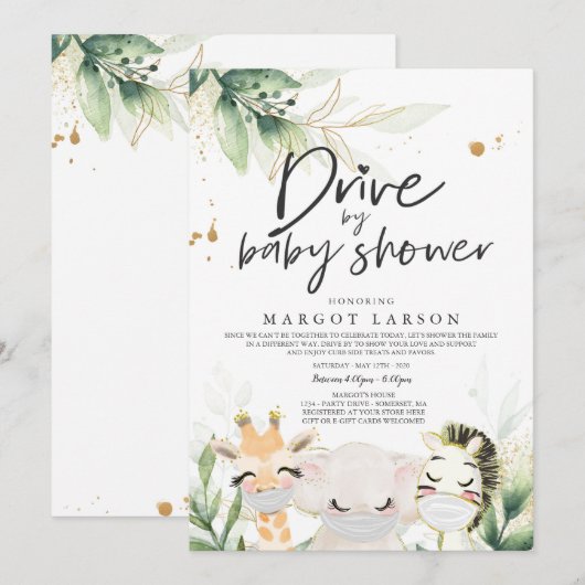 Greenery Gold Safari-dieren rijden op Baby shower Kaart (Voorkant / Achterkant)