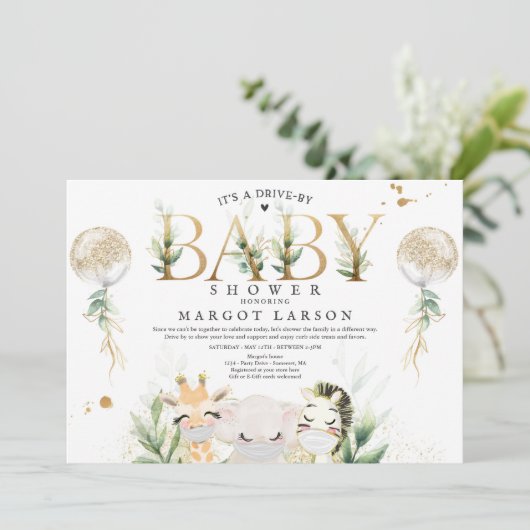 Greenery Gold Safari-dieren rijden op Baby shower Kaart (Staand voorkant)