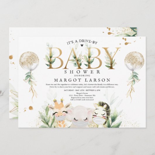 Greenery Gold Safari-dieren rijden op Baby shower Kaart (Voorkant / Achterkant)