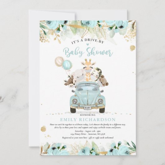 Greenery Gold Safari-dieren rijden op Baby shower Kaart (Voorkant)