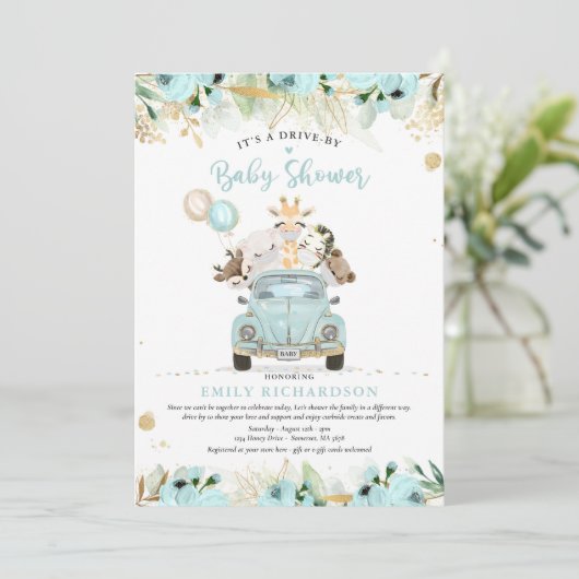 Greenery Gold Safari-dieren rijden op Baby shower Kaart (Staand voorkant)