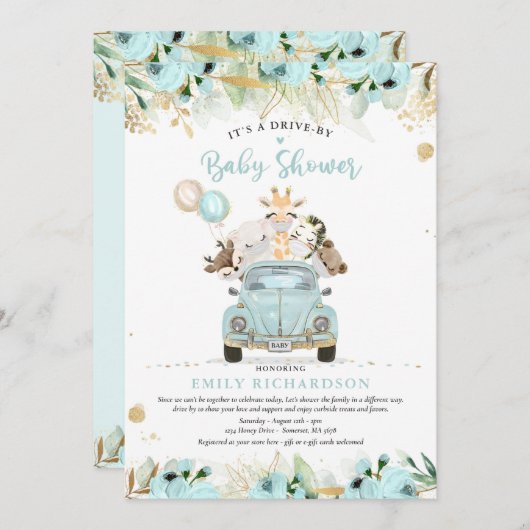 Greenery Gold Safari-dieren rijden op Baby shower Kaart (Voorkant / Achterkant)