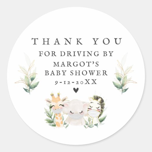 Greenery Gold Safari-dieren rijden op Baby shower Ronde Sticker (Voorkant)