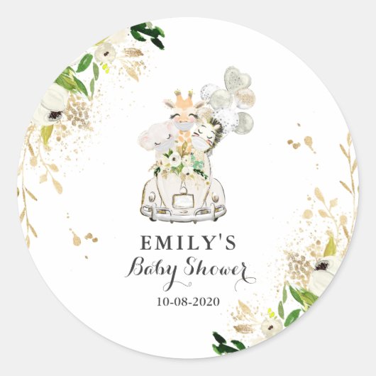 Greenery Gold Safari-dieren rijden op Baby shower Ronde Sticker (Voorkant)