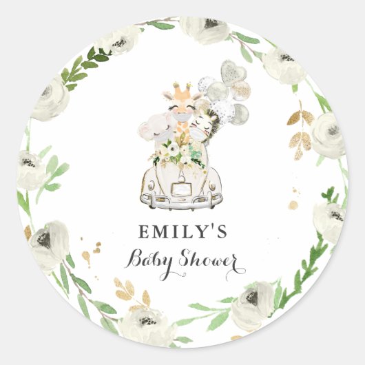 Greenery Gold Safari-dieren rijden op Baby shower Ronde Sticker (Voorkant)