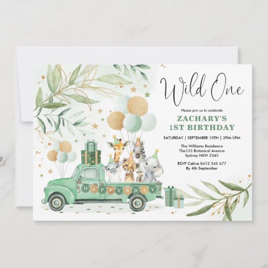 Greenery Gold Safari Wilde Dieren 1e verjaardag Kaart (Voorkant)