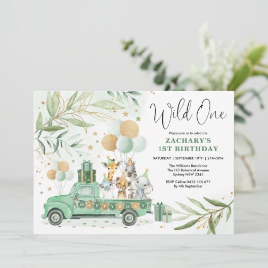 Greenery Gold Safari Wilde Dieren 1e verjaardag Kaart (Staand voorkant)