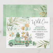 Greenery Gold Safari Wilde Dieren 1e verjaardag Kaart (Voorkant / Achterkant)