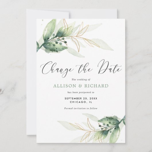 Greenery Gold simpel Verander de datum bruiloft Kaart (Voorkant)