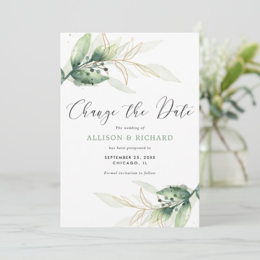 Greenery Gold simpel Verander de datum bruiloft Kaart (Staand voorkant)