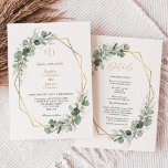 Greenery Gold Simple Monogram in één bruiloft Kaart<br><div class="desc">Dit grove gouden monogram in één huwelijksuitnodigingsontwerp is eenvoudig te mengen en coördinerende stijlen in zwart-wit aan te passen, met delicate grijze elementen die een grijze bloei mogelijk maken rond eenvoudige, geavanceerde typografie en heerlijk minimaal kalligrafiescript. De waterverf eucalyptus en andere botanische bladeren zijn prachtig doorheen, met donkere smaragd in...</div>