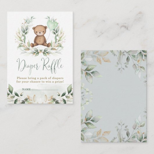 Greenery Gold Teddy Bear Diaper Raffle Baby shower Informatiekaartje (Voorkant / Achterkant)
