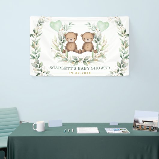 Greenery Gold Twin Teddy Bears Baby shower Welkom Spandoek (Beurs)