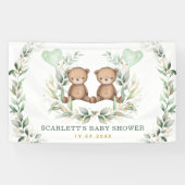 Greenery Gold Twin Teddy Bears Baby shower Welkom Spandoek (Horizontaal)