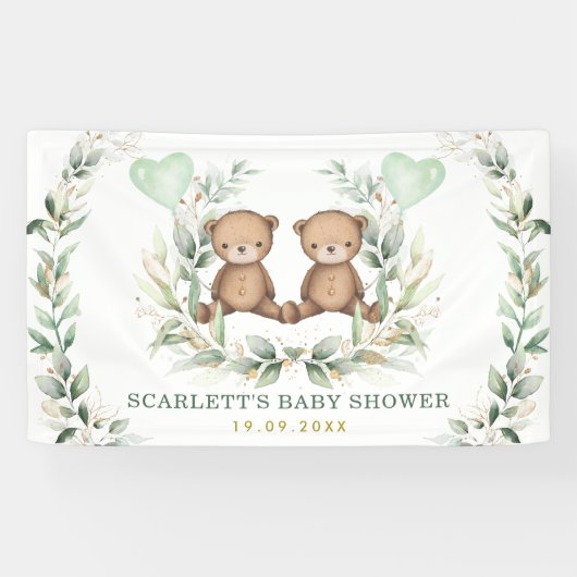 Greenery Gold Twin Teddy Bears Baby shower Welkom Spandoek (Horizontaal)