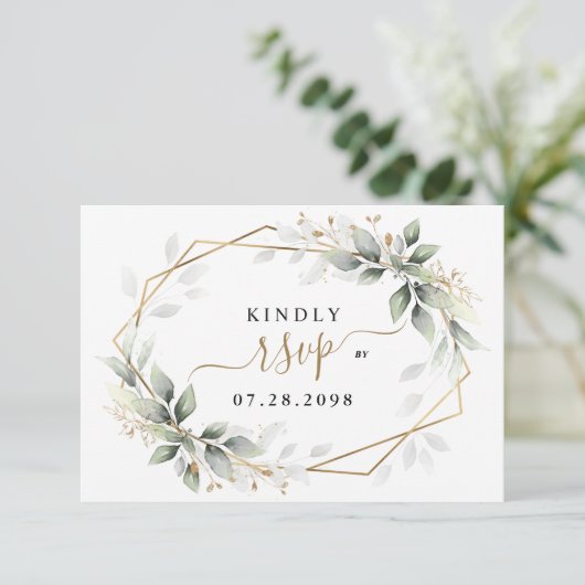 Greenery & Gold Two 2 Meal Choice Rustic Wedding RSVP Kaartje (Staand voorkant)