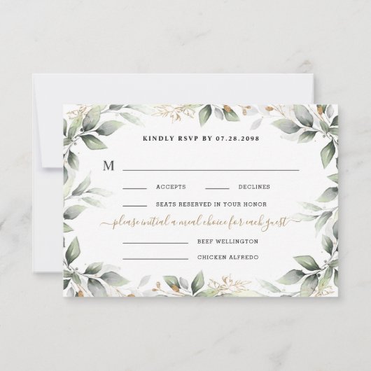 Greenery & Gold Two 2 Meal Choice Rustic Wedding RSVP Kaartje (Achterkant)