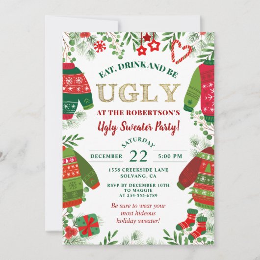 Greenery Gold Ugly Sweater Party kerstfeestdag Kaart (Voorkant)