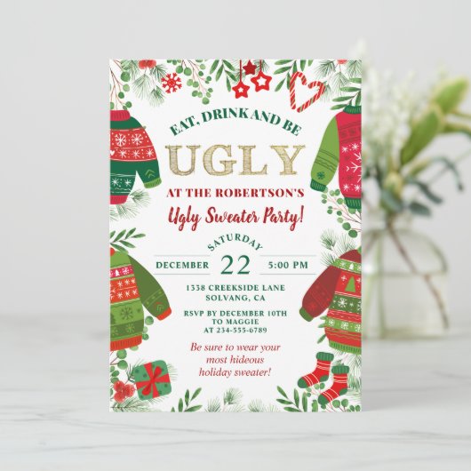 Greenery Gold Ugly Sweater Party kerstfeestdag Kaart (Staand voorkant)