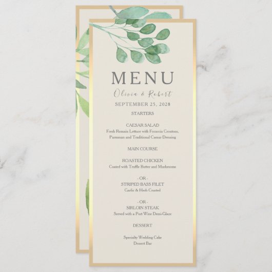 Greenery Gold Wedding Menu Kaart (Voorkant / Achterkant)