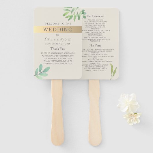 Greenery Gold Wedding Program Fan Handwaaier (Voorkant en achterkant)