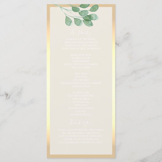 Greenery Gold Wedding Program Kaart (Achterkant)