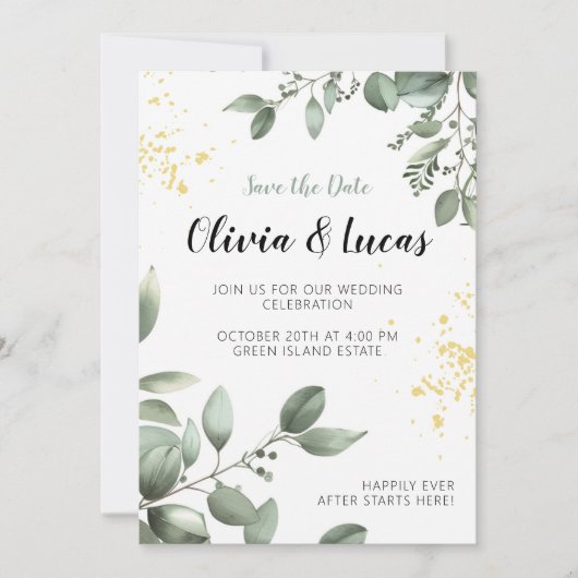 Greenery & Gold Wedding Uitnodigen met Script Font Kaart (Voorkant)