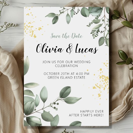Greenery & Gold Wedding Uitnodigen met Script Font Kaart
