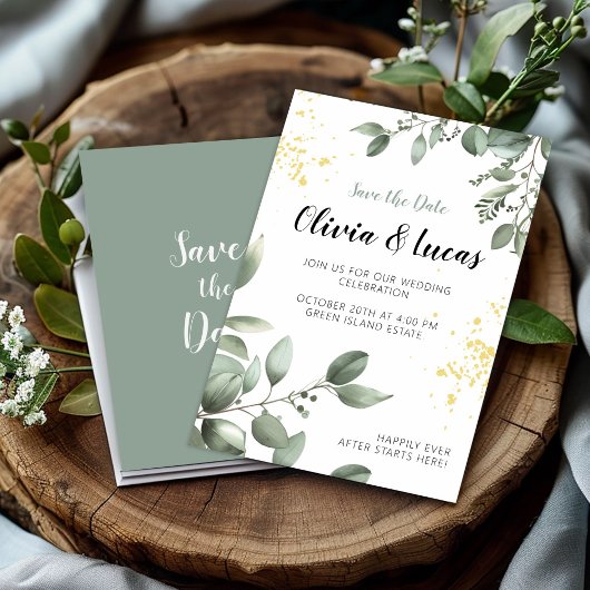 Greenery & Gold Wedding Uitnodigen met Script Font Kaart