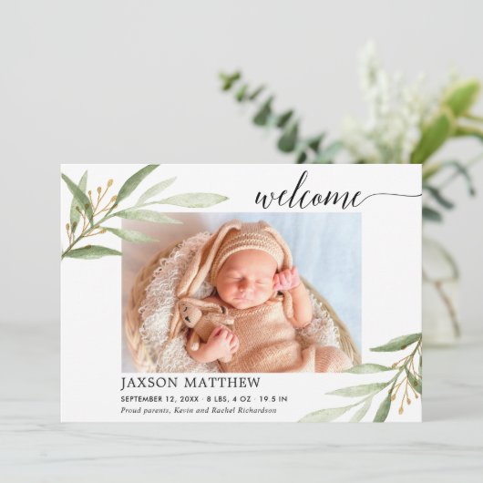 Greenery Gold welkom baby aankondiging (Staand voorkant)