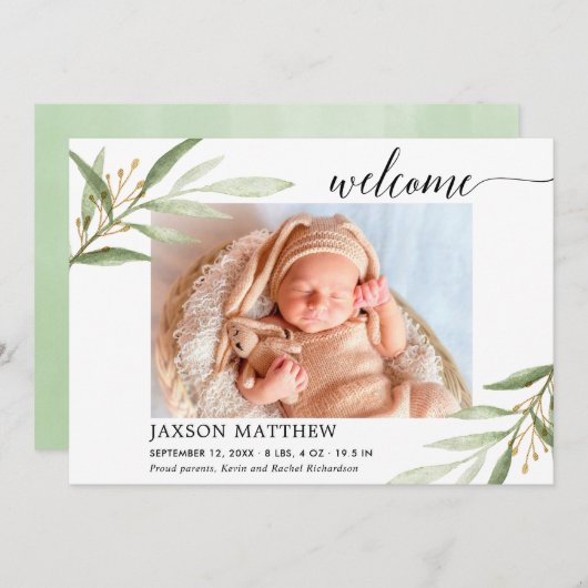 Greenery Gold welkom baby aankondiging (Voorkant / Achterkant)