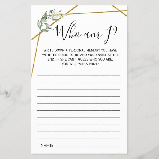 Greenery Gold, wie ben ik? Vrijgezellenfeest spelk Flyer (Voorkant)